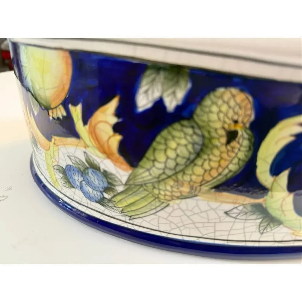 Exoticals Fitz & Floyd Veneto Large Tub Decorative Oval Basin Crackled Parrots